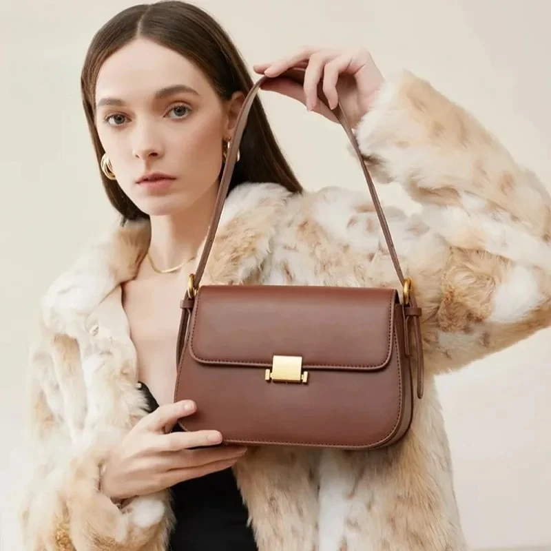 2026 Luxury Cowhide Shoulder Bag for Women Genuine Leather Underarm Purse Designer Square Crossbody Daily Commute Handbag