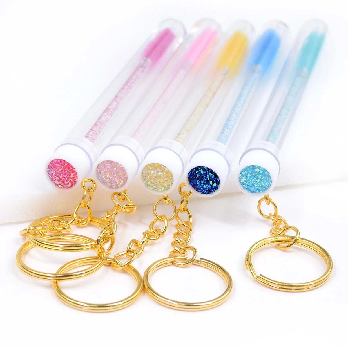 5Pcs Sparkling Eyelash Brushes Crystal Lash Mascara Wands In Tubes With Keychain Disposable Eyebrow Spoolies Combs Makeup Tools