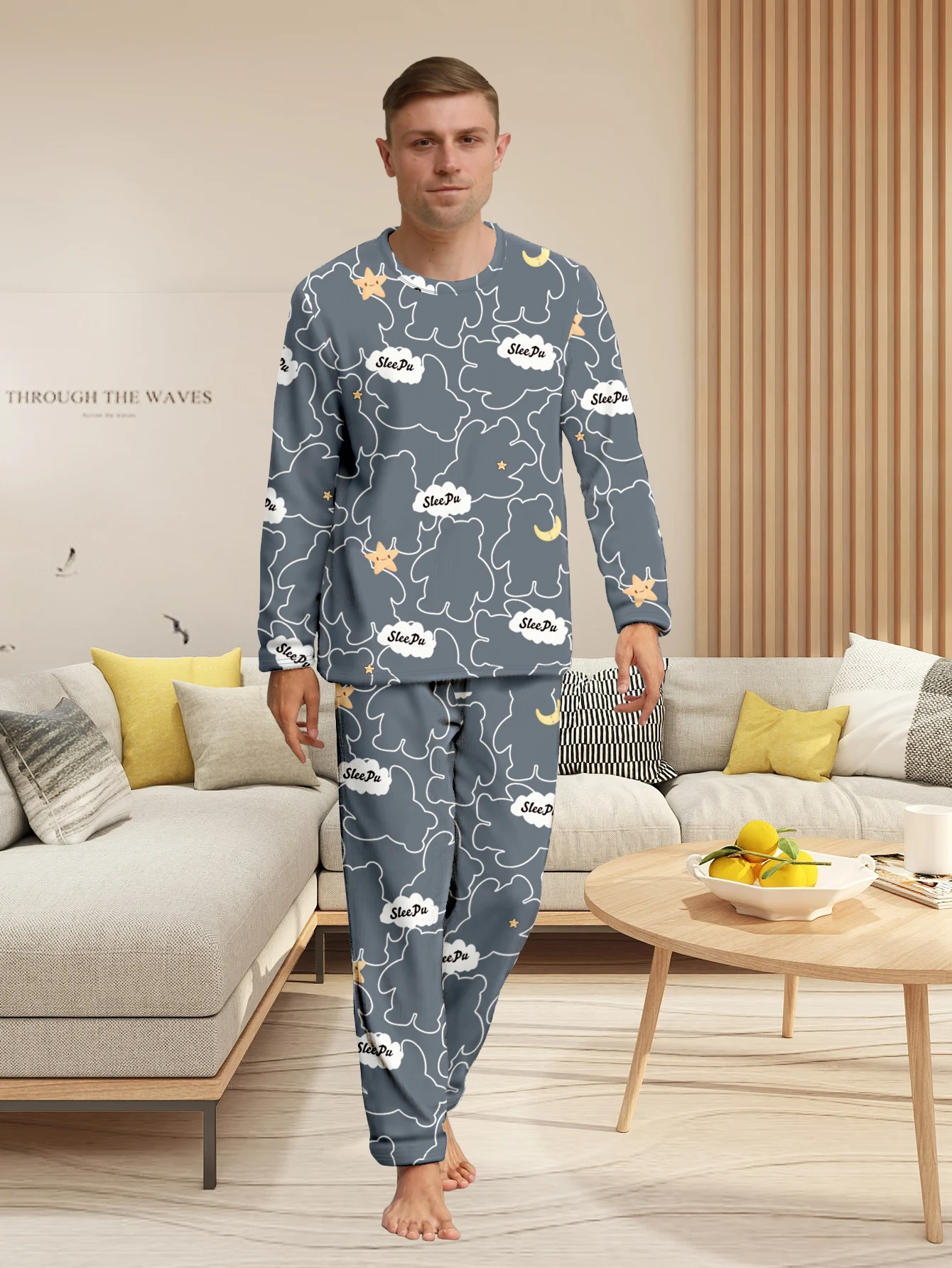 Men\'s Fashion Lazy Casual Style Pajamas Cartoon Full Flower Pattern Home Furnishing Set Long sleeved Pants Two piece Set for Men