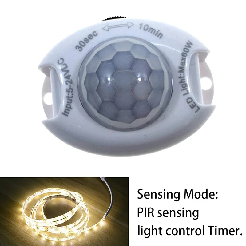 Détecteur de détecteur de mouvement infrarouge PIR DC5-24V marche/arrêt automatique interrupteur de minuterie maison lumière LED corps lampe de capteur de mouvement PIR (blanc)