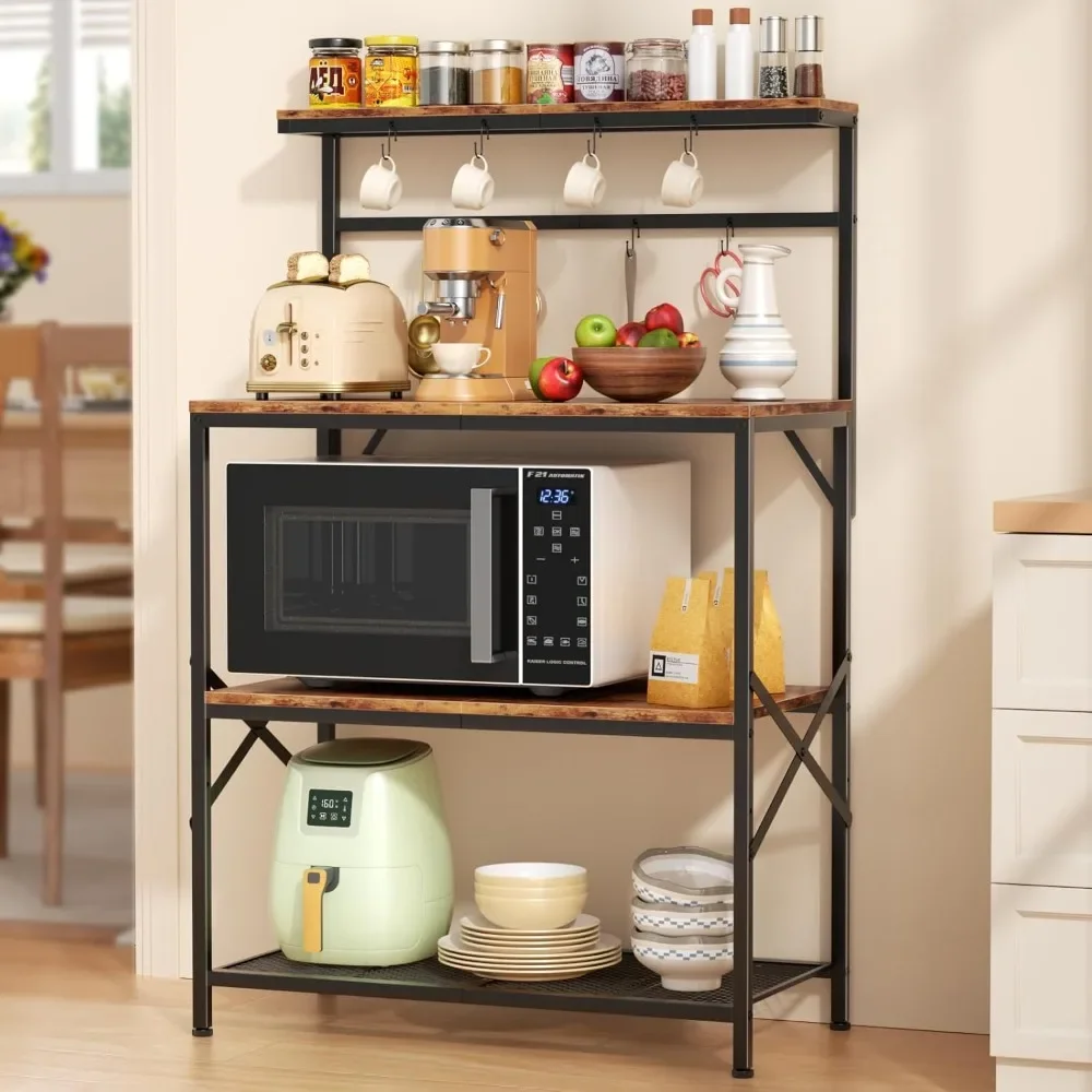Bakers Racks for Kitchens with 31.5 x 15.7 Inch Larger Desktop, Microwave Stand with Adjustable Middle Shelf, Coffee Bar with 8