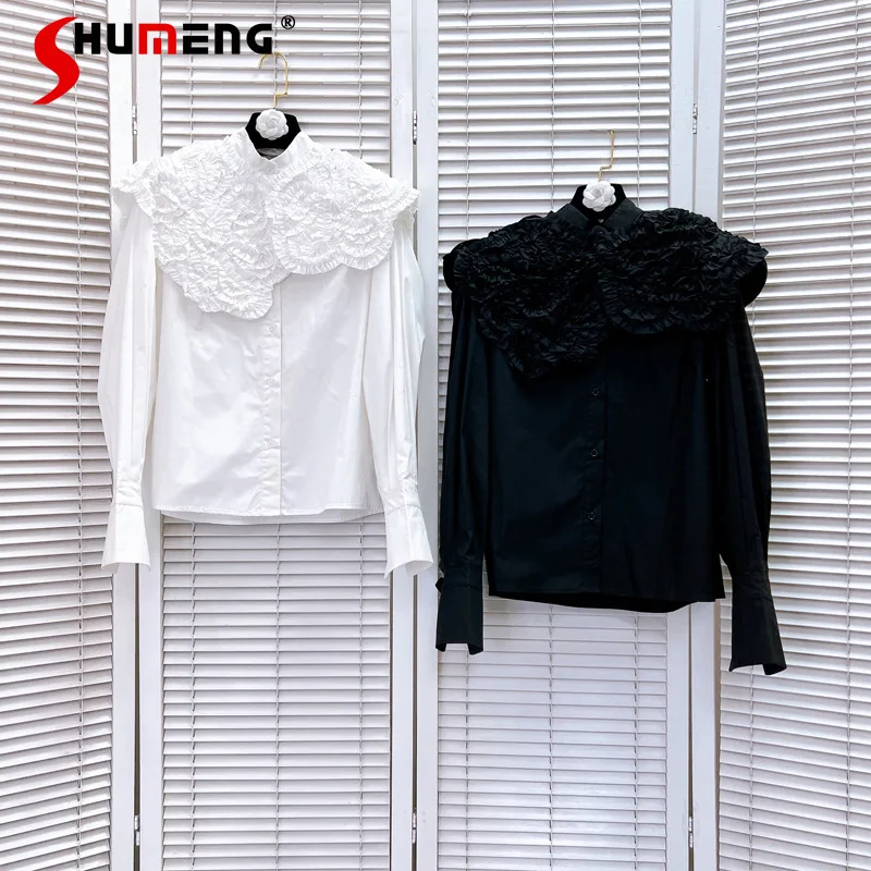 

Luxury Pleated Plate Flower Doll Collar White Blouses for Women 2024 Spring New Elegant Long Lantern Sleeve Shirt Chemise Femme