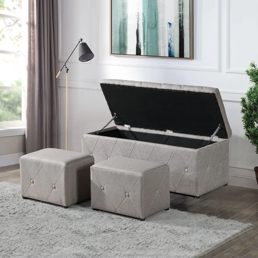 Multi-Purpose Storage Rectangular Fabric Linen Storage Ottoman Set with 2 Ottomans, Storage Stool, for Living Room, Bedroom