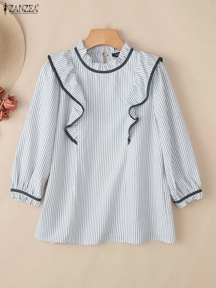 ZANZEA 2026 Autumn Summer Striped Shirt Office Ruffled Blouses Women Elegant 3/4 Lantern Sleeve Work Blouse Ladies Tunic Tops