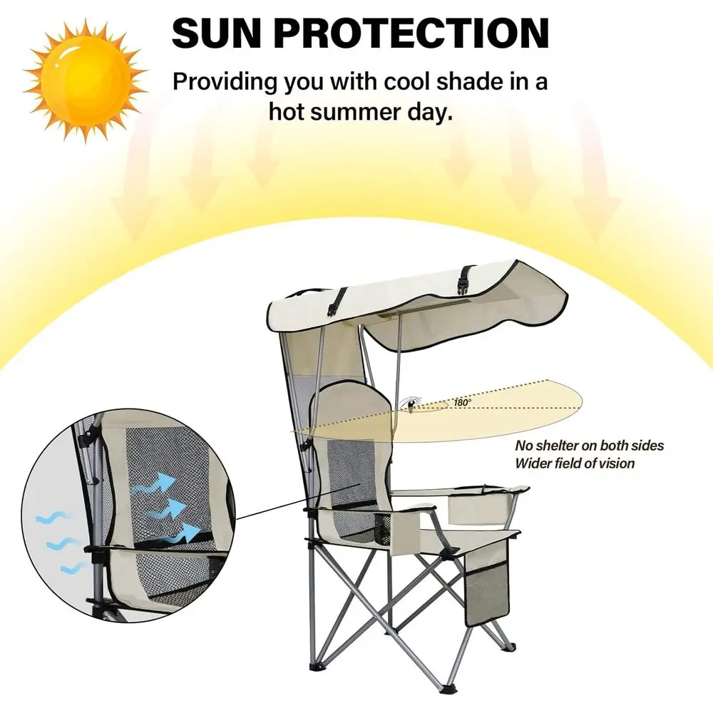 Camping Chairs with Canopy, Portable Quad Lawn Chair for Adults, Folding Recliner Chair with Cup Holder Outdoor Events and Shade
