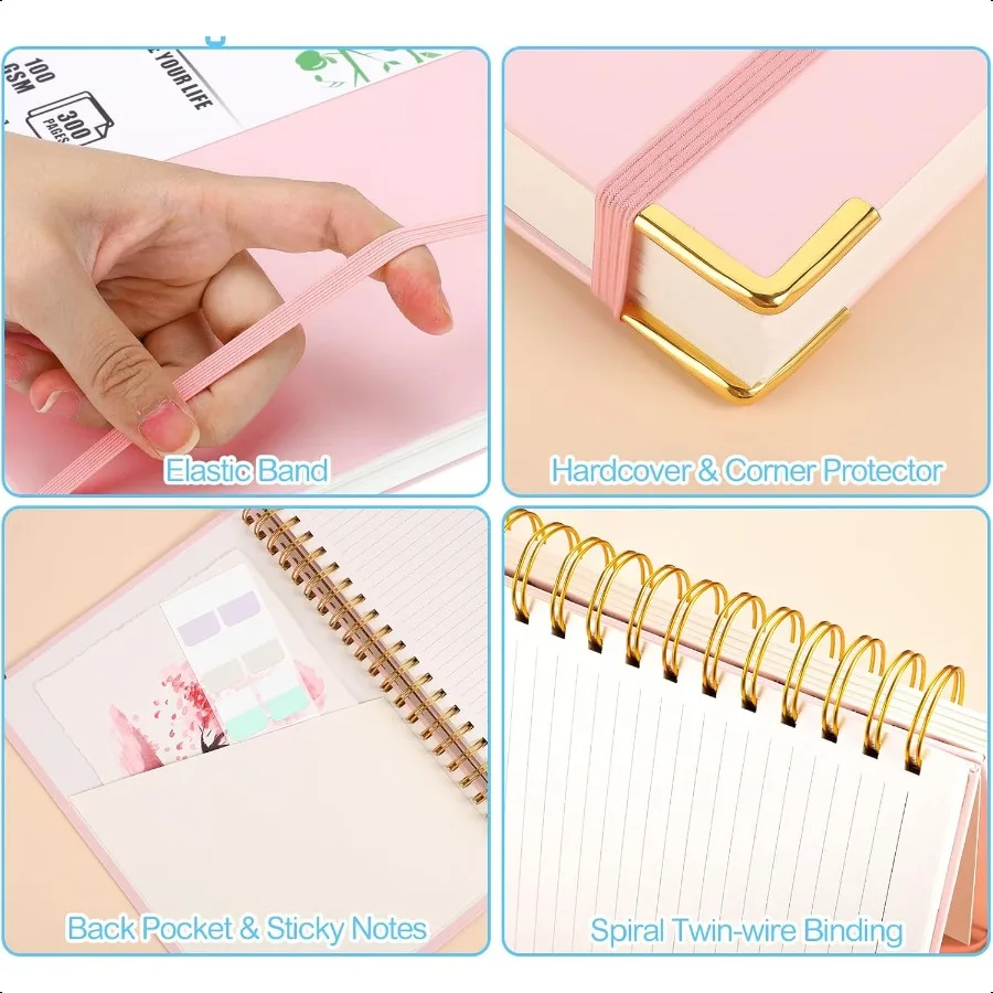 Spiral-Notizbuch, 8,3 x 11,6, 300 Seiten, 150 Blatt, rosa Notizbuch, College-Notizbuch, liniertes A4-Spiral-Notizbuch, Journaling-Notizbuch mit Index S