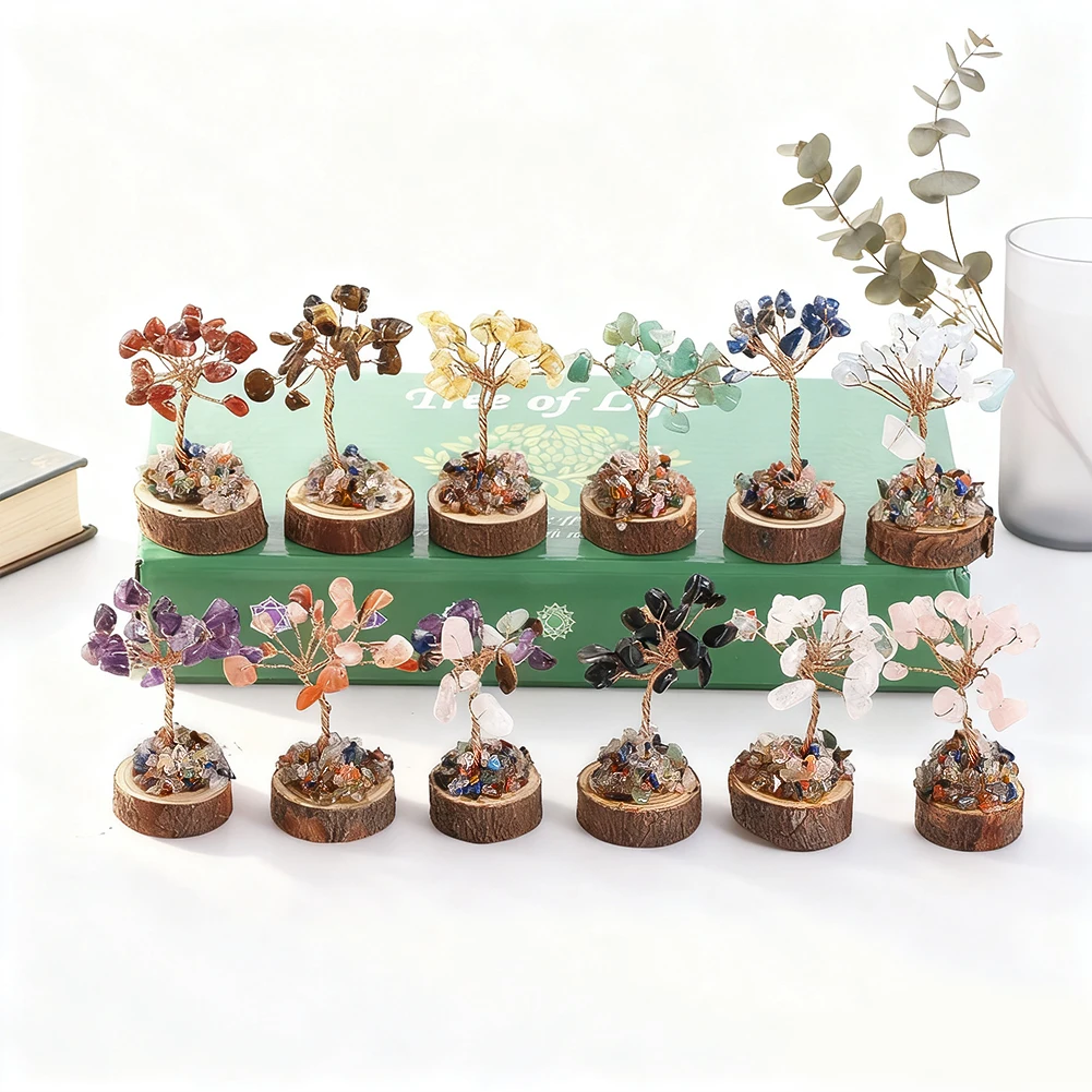 12 قطعة شقرا كريستال شجرة الحياة مجموعة التماثيل الحجر الطبيعي شجرة محظوظة صغيرة مع قاعدة خشبية الريكي شفاء فنغشوي ديكور المنزل
