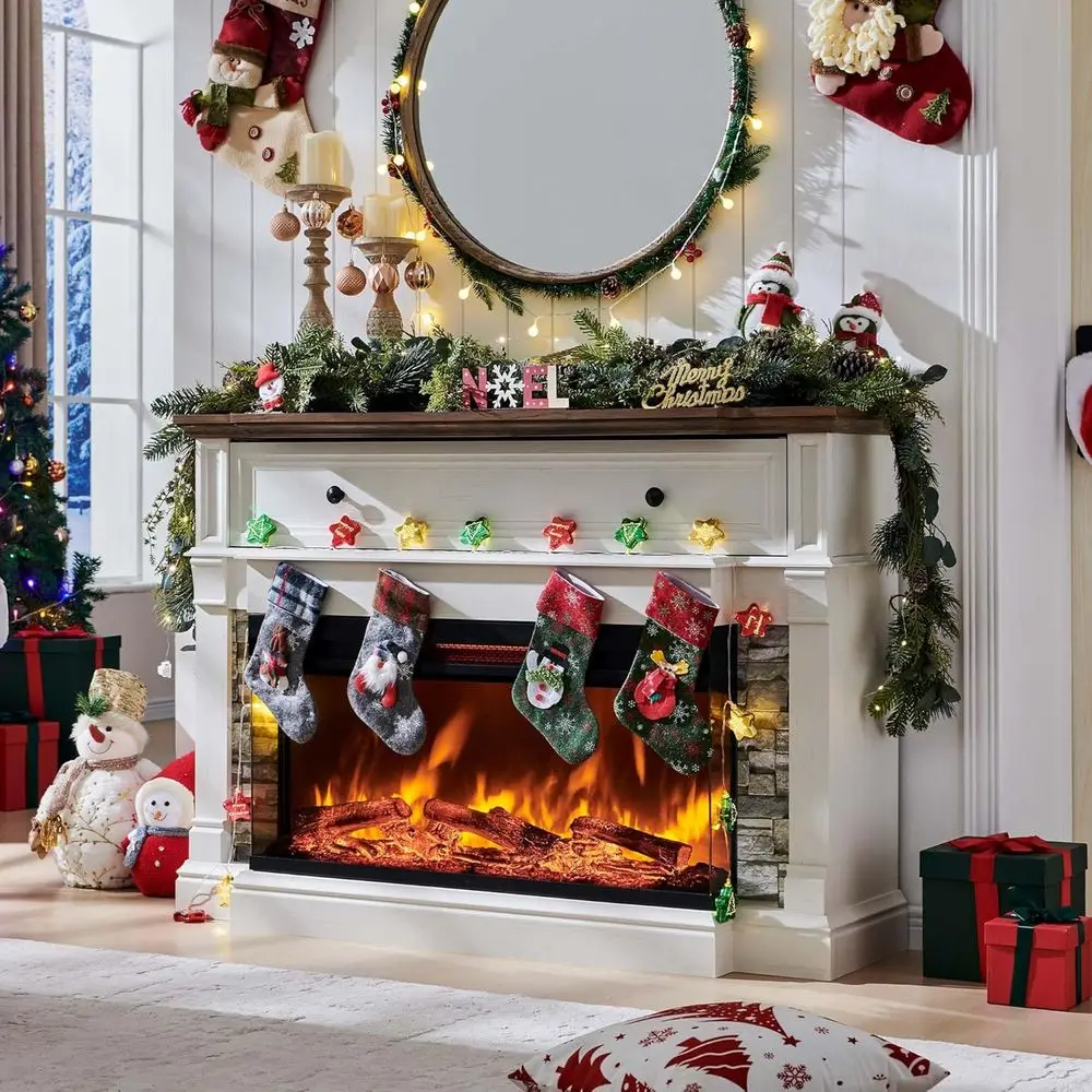 

65 TV Electric Fireplace Stand with Mantel, 52 Insert, 36 Highboy Antique White Entertainment Center