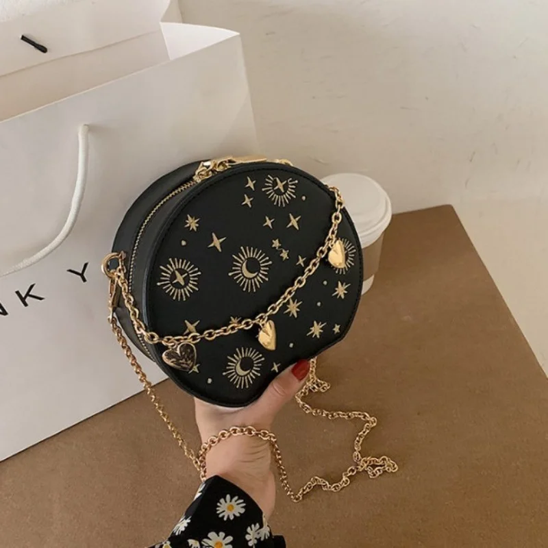 

Vintage Embroidered Small Round Bag Star Moon Handheld Love Chain Handbag Women's Bag