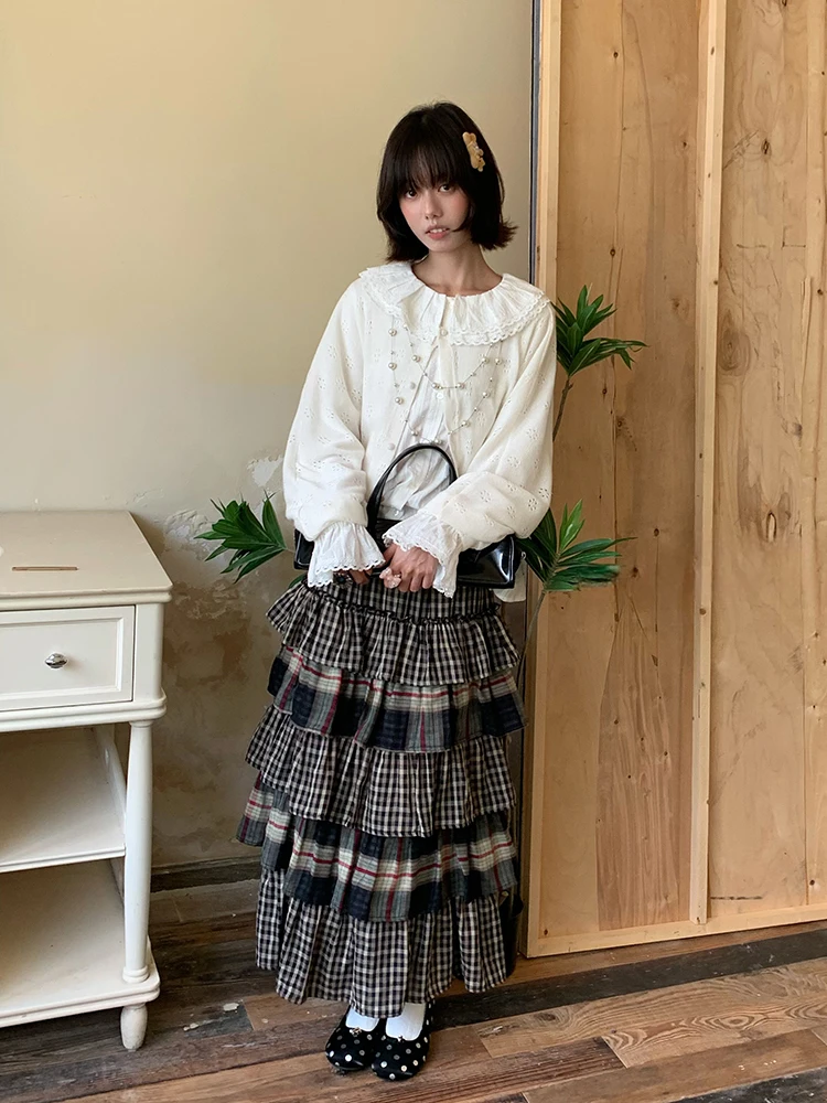 REDDACHiC Cottagecore Checkered Women Cake Skirt Kawaii Ruffle Layering Stitch Elastic Waist A-line Maxi Skirt Retro Clothes