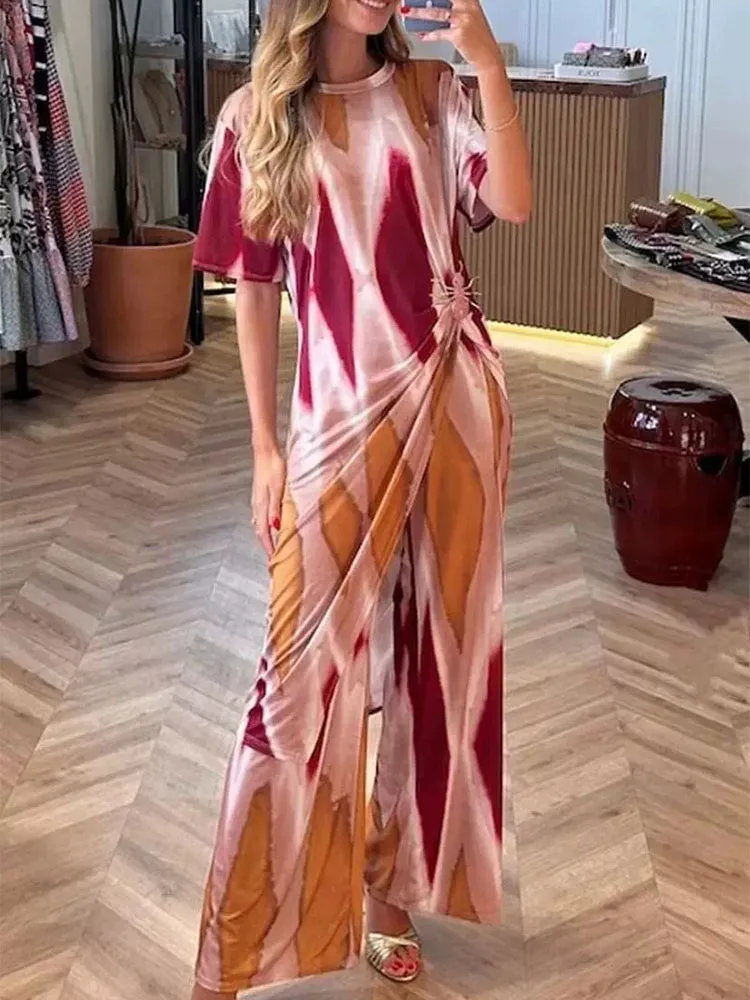 

Женский комплект брюк с высокой талией, винтажный комплект из топа и брюк нестандартной формы с контрастным цветным принтом, темпераментный комплект из двух предметов с круглым вырезом