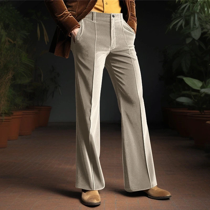 Casual Slim Fit Mens Velvet Trousers 2025 Spring Fall Fashion Solid Color Wide Leg Flared Pants Men Vintage Mid Waist Trousers