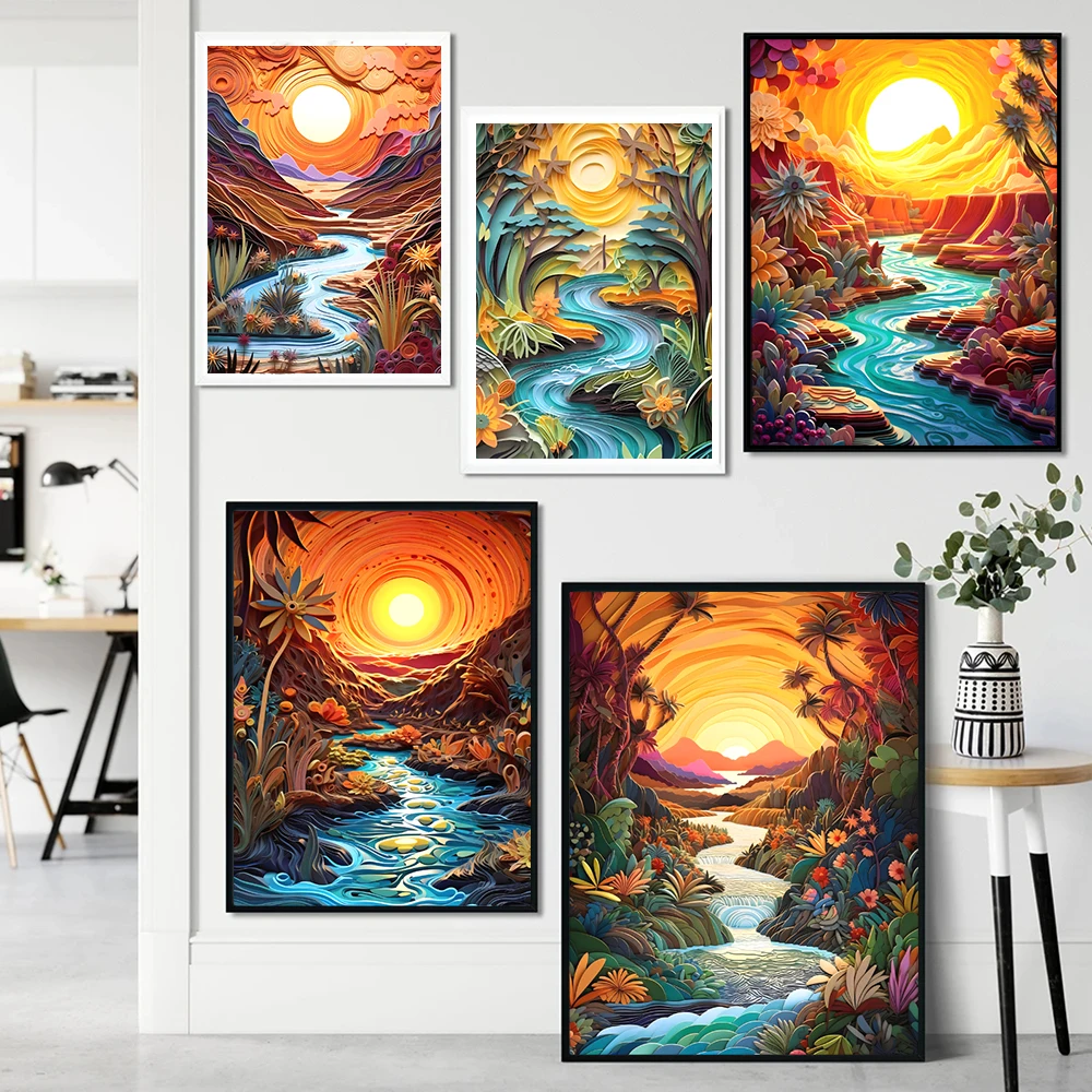 

3D Art Abstract Sunset On The River Poster Print Mountain Forest Landscape Canvas Painting Modern Living Room Home Decoration