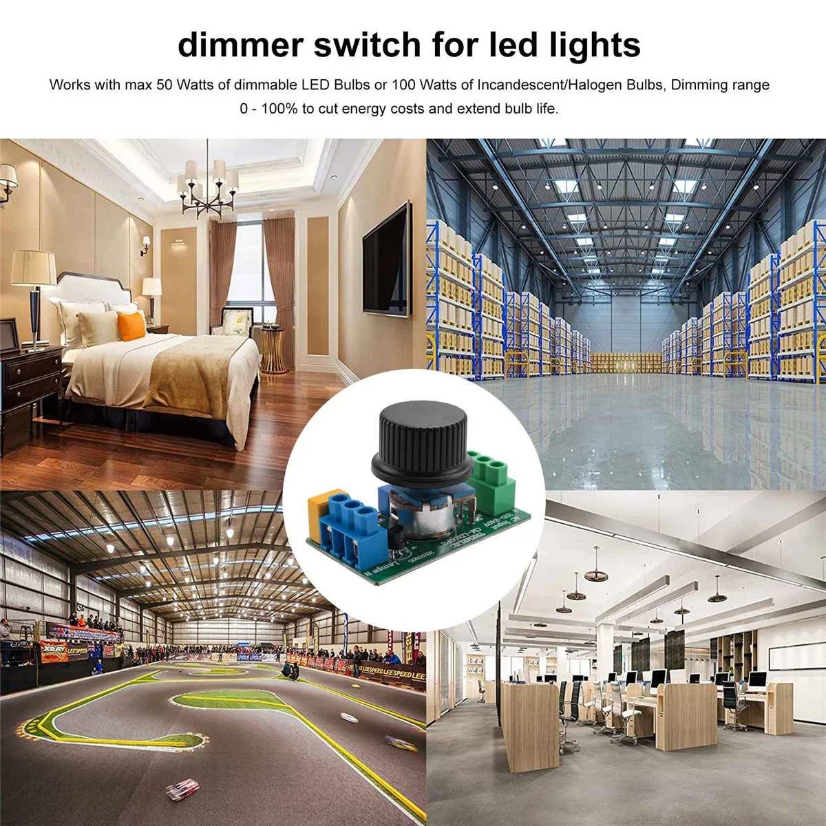 ABZV-inline LED-dimmer, ingebouwde draaibare AAN/UIT- en knopbedieningsdimmer voor dimbare 3-100W LED/gloeilamp zwart