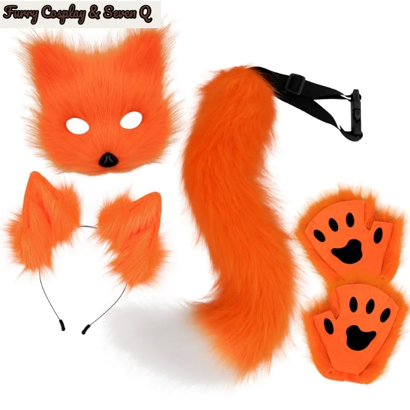 Seven Q Store Halloween Plush Fox Mask Set Animal Claws Simulation Fox Ears Headband Tail Beast Tail Cosplay Accessories 6