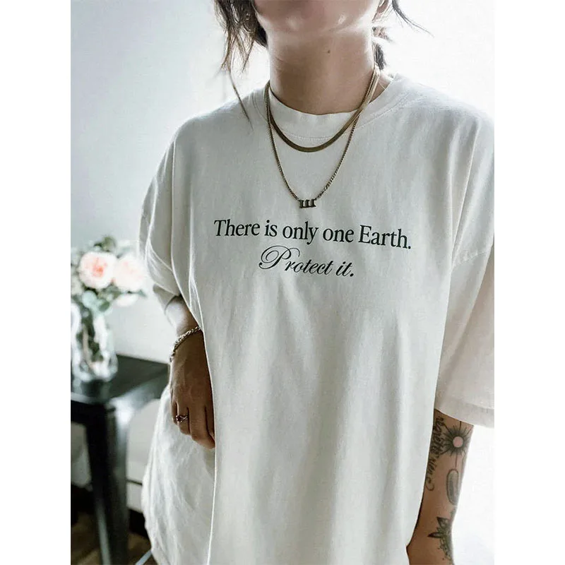 There is Only One Earth Protect it Slogan Printing Short Sleeve T shirts Female 2023 Summer Cotton Oversize Casual Tops Tees