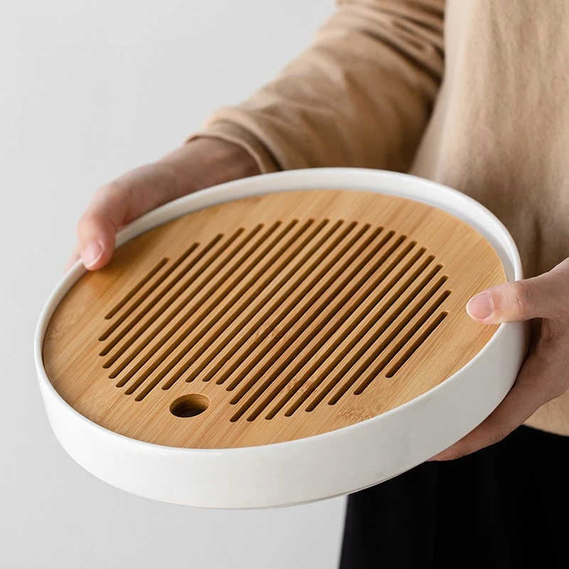 2026 Newest Premium Sturdy Round Ceramic Tea Tray, Compact Dry Brewing Table for Home Living Room, Tea Set Holder with Drip Tray