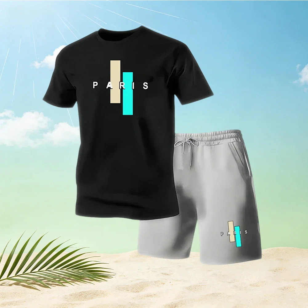 Hot Sale Men's Sets Round Neck Short Sleeve T-Shirts + Sports Shorts Paris Letter Printed Casual Home Outdoor 2 Piece Summer