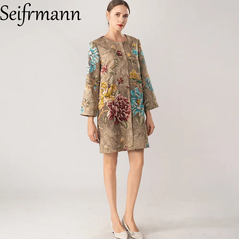 Seifrmann Spliced ​​beaded jacquard coat round neck long sleeve coat 2026 autumn fashion women's new style