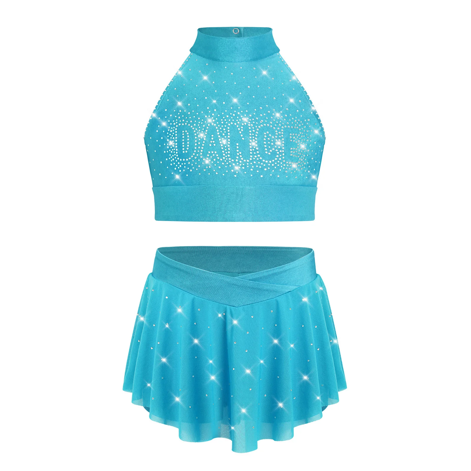 

2Pcs Kids Girls Jazz Latin Dance Outfits Halter Sleeveless Cross Back Glittery Rhinestones Crop Top+Skirt Cheerleading Dancewear
