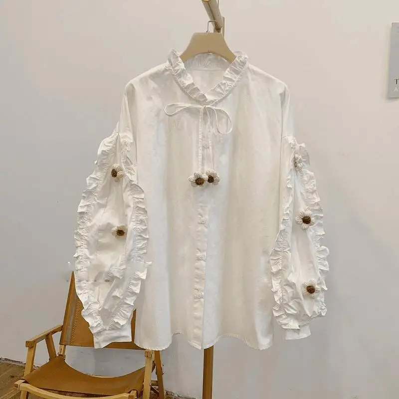 Vintage Sweet Lolita 3D Floral Ruffle Blouses Long Sleeve Women Tops Original Design Shirts Stand-up Collar Girls Clothes Chic