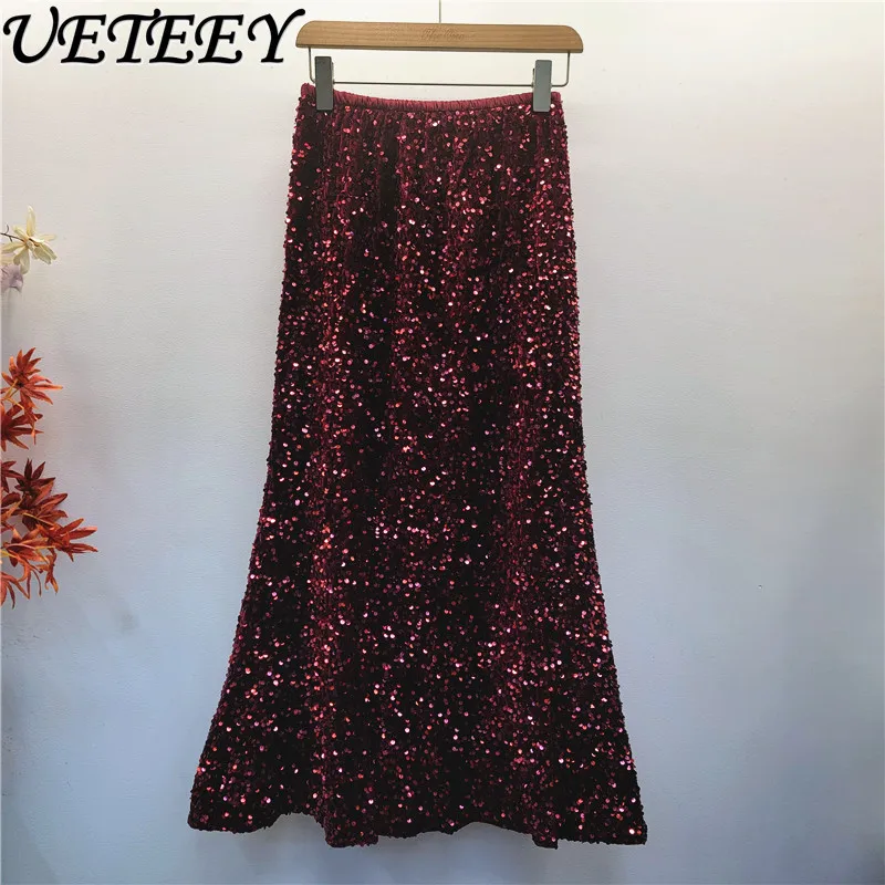 유럽 스타일 한국 버전 우아한 A라인 바디콘 롱 스커트 여성 섹시 반짝이는 헤비 시퀸 스커트 미디 길이 머메이드 스커트