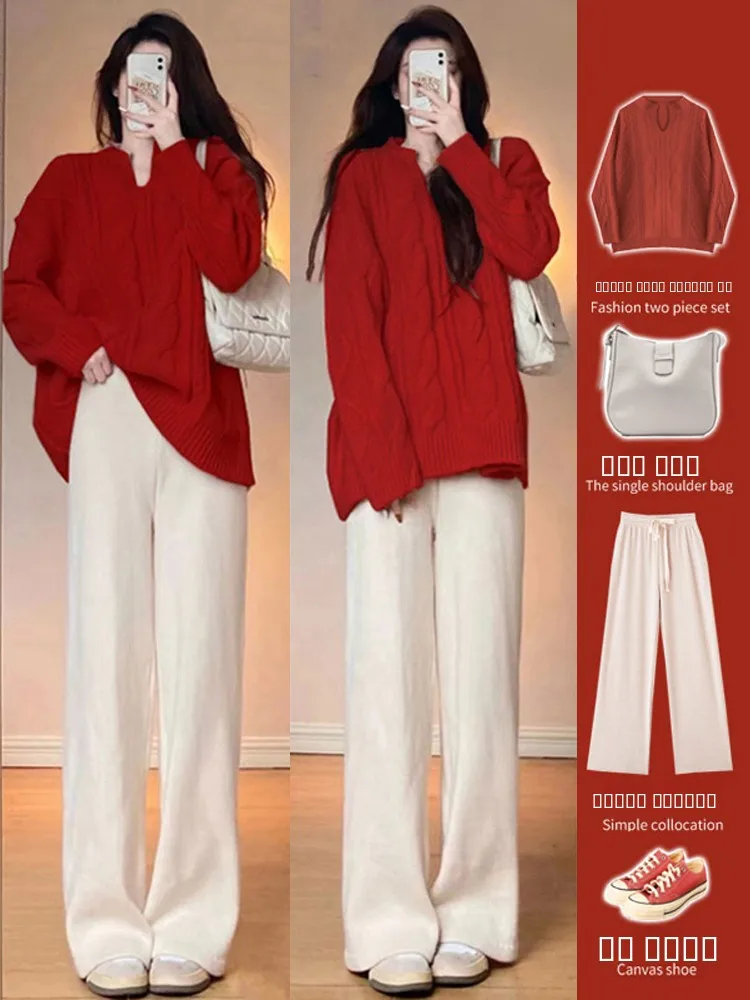 

Ladies Thiened Red Sweater Lazy Sle Winter New Arrival Kming Brand Sweet Loose Fit Pure Color round Ne Long Sve Top
