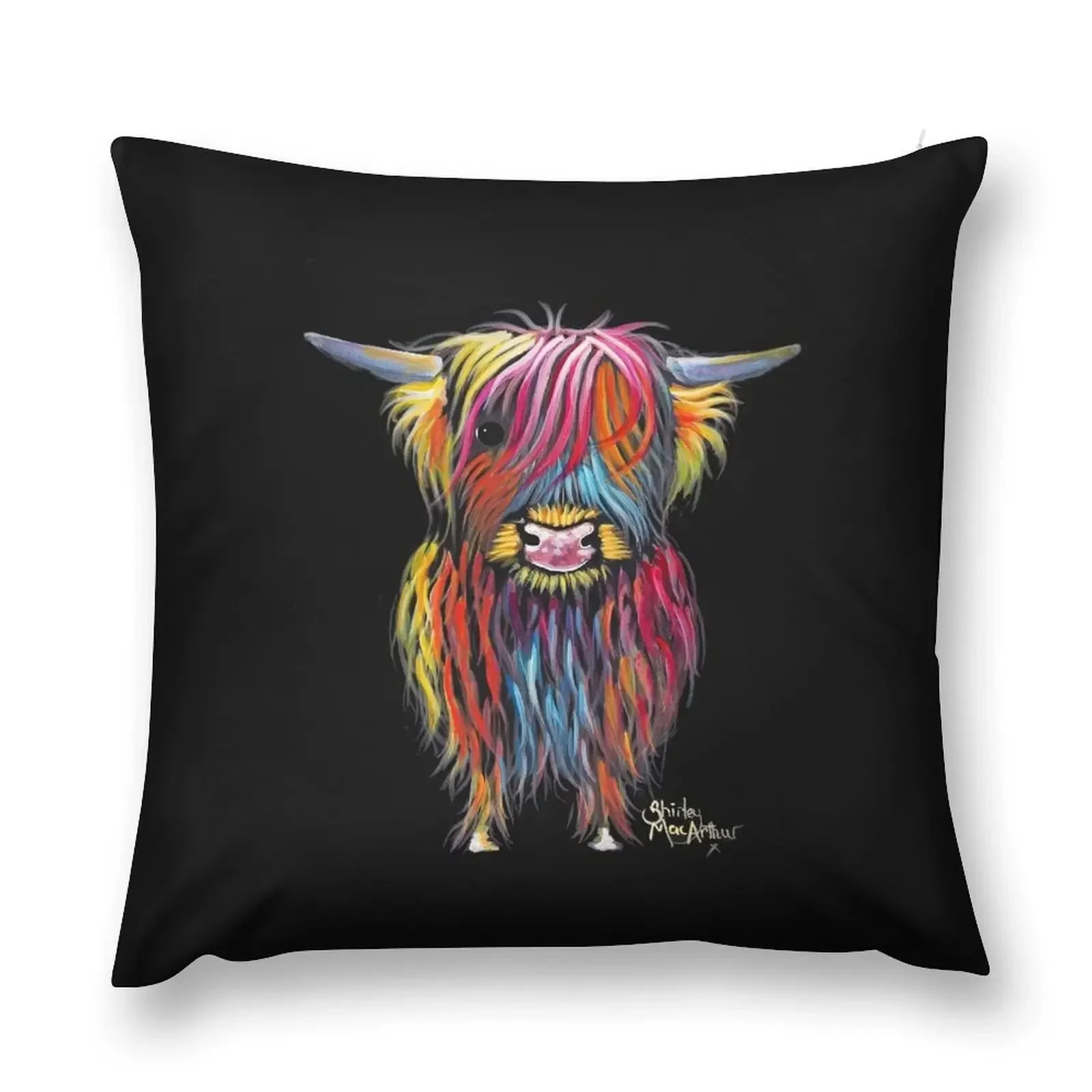 Scottish Hairy Highland Cow ' BRAVEHEART ' by Shirley MacArthur Throw Pillow Cushions Decorative Cushion pillow