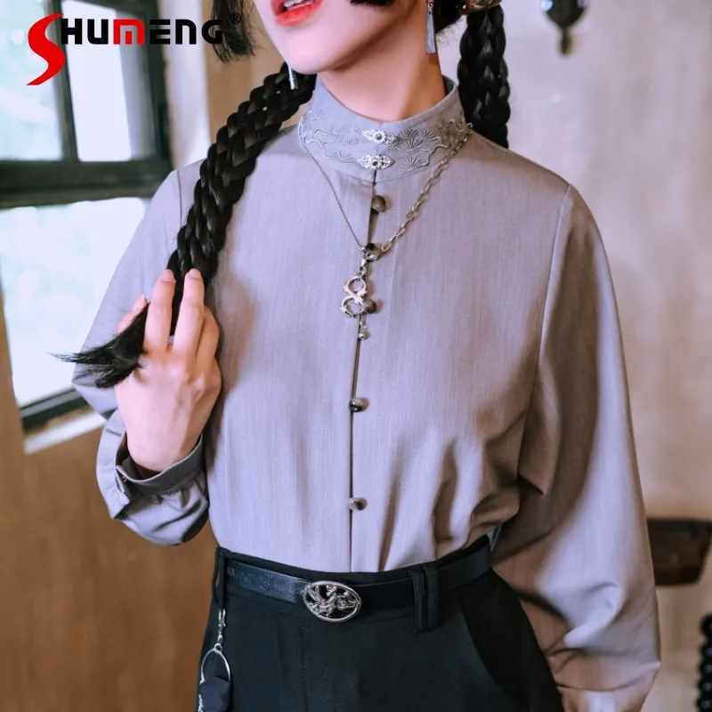 

New Chinese Embroidered Stand-up Collar Shirt Female Element National Style Buckle Long Sleeves Inner Top Black Slimming Blouse