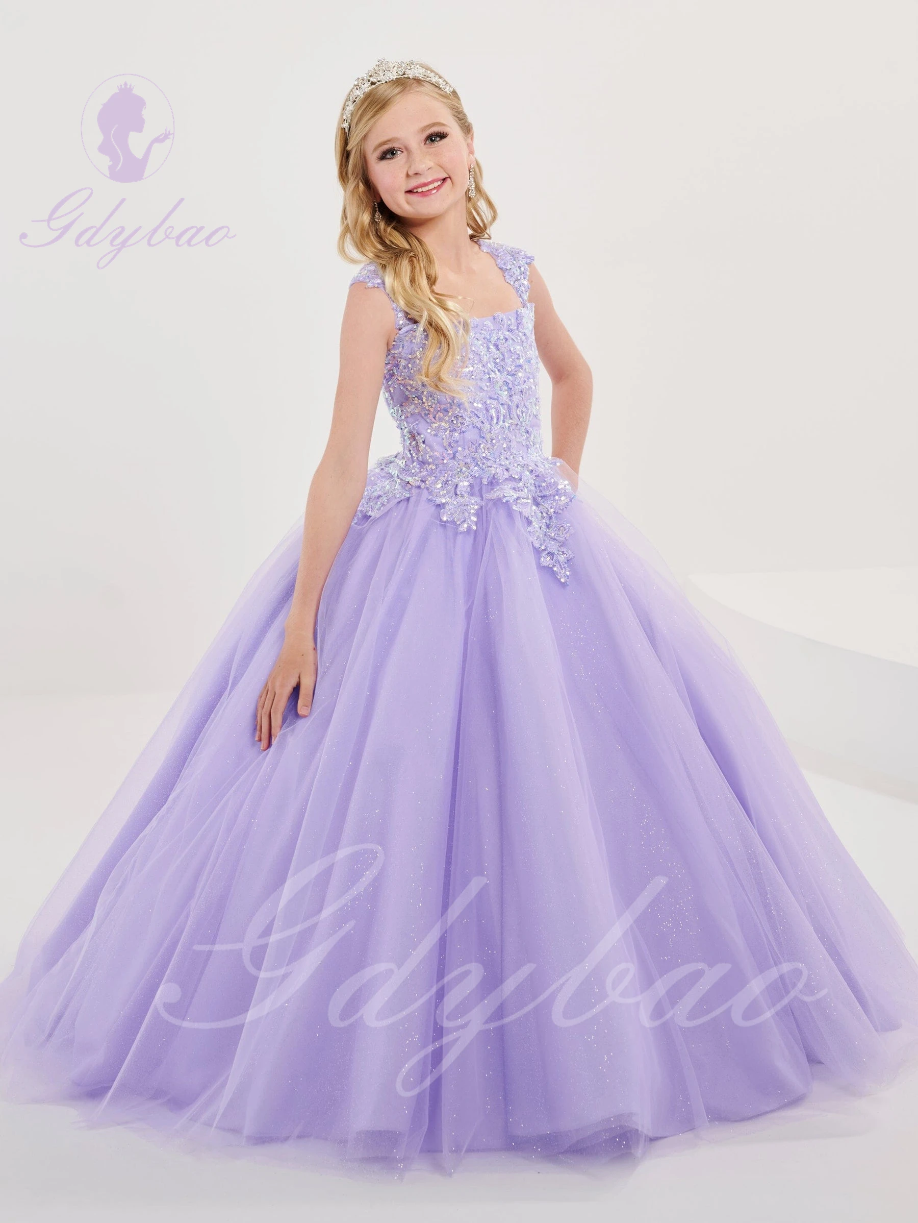 Lilac Tulle ดอกไม้สาวชุดสําหรับงานแต่งงาน Puffy Applique ความยาวแขนกุดเด็กวันเกิด Party First Communion Ball Gowns