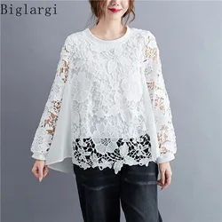 Oversized Lace T-shirt Hollowed Out Shirt Women Long Sleeve Casual Mesh Office Ladies Womens Summer Korean Style Cotton Tshirt