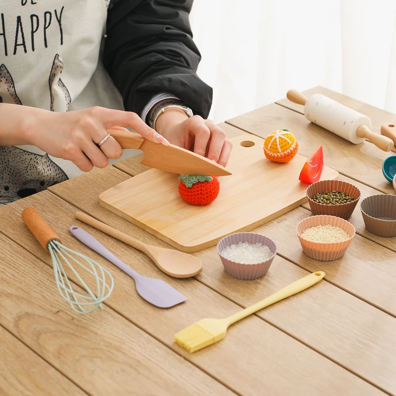 Utensilios de cocina de madera para bebé, modelo de rompecabezas, herramienta de corte de madera, espátula de silicona, juguetes educativos para niños, juguetes Montessori