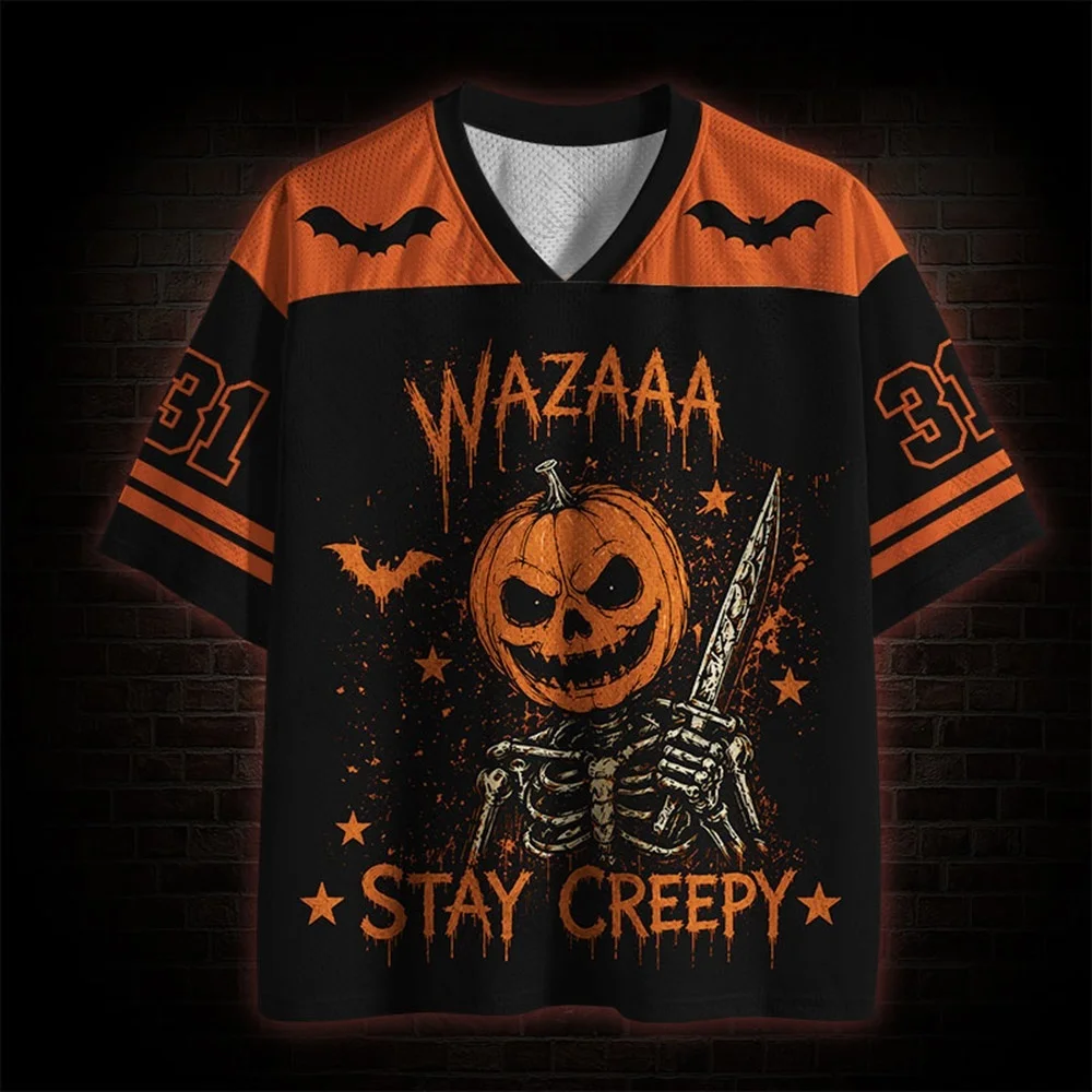 Gothic Dark Retro Halloween Unisex Jersey,Spooky Pumpkin Skeleton Print, Adult Kids Outfit for Fall Festival Costume Street Wear