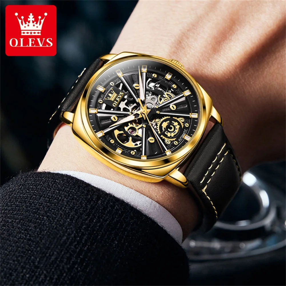 OLEVS 6685 Luxury Automatic Dress Wristwatch Hollow Skeleton Mechanical Watch For Men Waterproof Luminous Leather Man Watch 2024