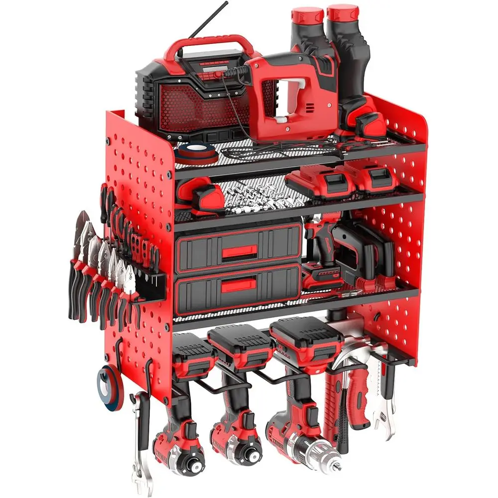 

4-уровневый настенный органайзер для электроинструментов с 4 держателями для сверл, прочная универсальная полка