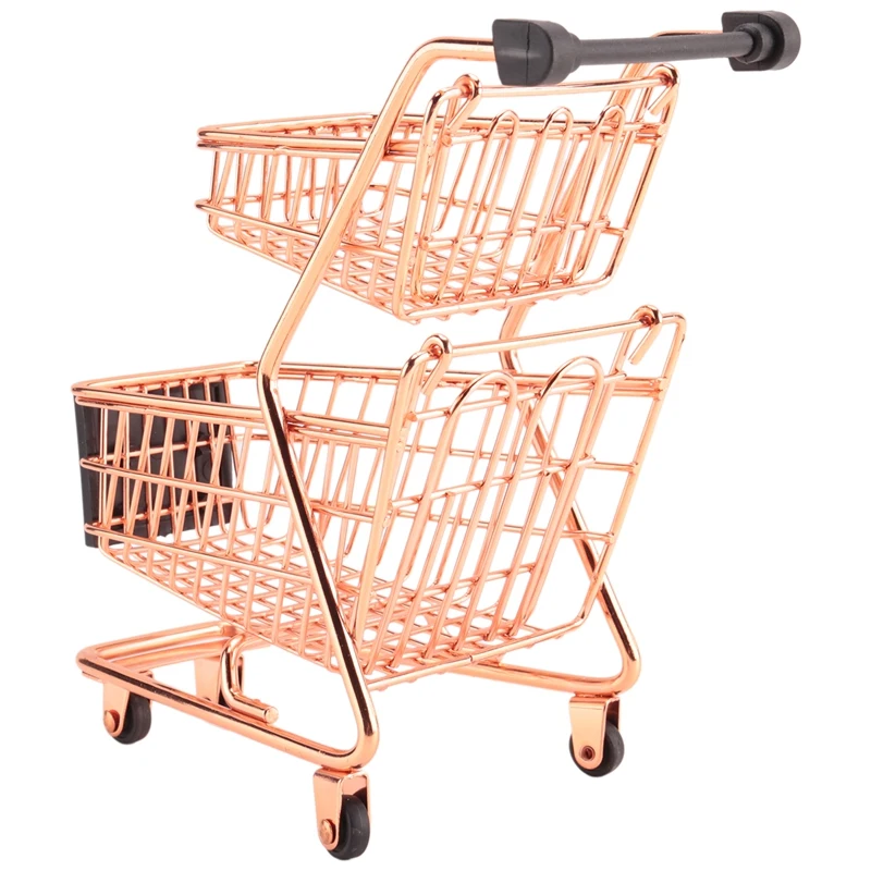 

Mini Double Layers Shopping Cart Model Wrought Iron Supermarket Trolley Metal Rose Gold Storage Basket