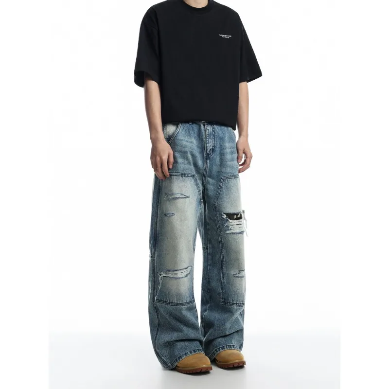 KIDWHXR Men's Jeans Man Pants Washed Multi Pocket Carpenter Style Straight Loose Male Denim Trousers Casual Fit High Street