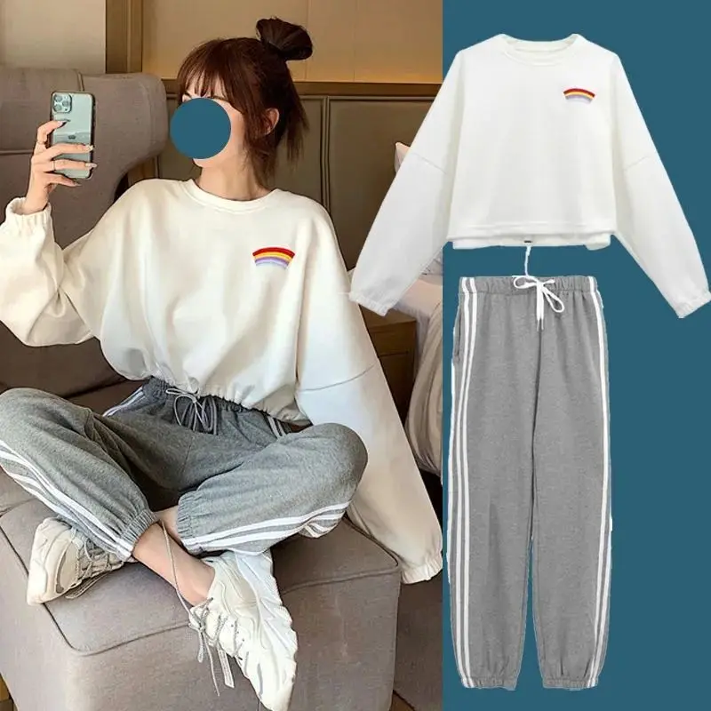 Spring Autumn New Style Women's Sportswear Set Casual Harlan Pants Rainbow Hoodie Two-Piece Set Fashionable Loose Fit