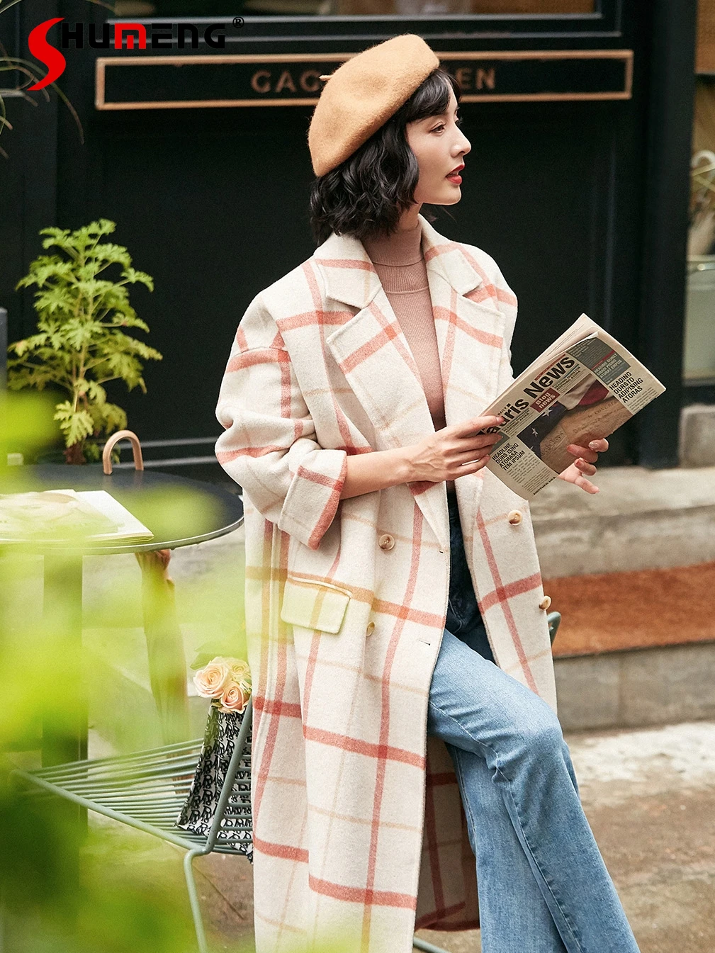 

Plaid Retro Sheep Woolen Coat Winter 2023 New Women's Double-Faced Woolen Goods Long Sleeve Double Breasted Suit Collar Coats