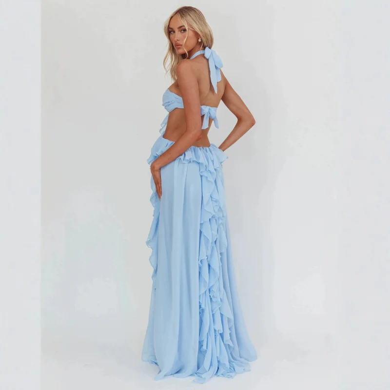 Abito lungo da donna di lusso 2026 con cut-out, allacciatura posteriore e volant, senza maniche, per feste estive e vacanze - Vestidos