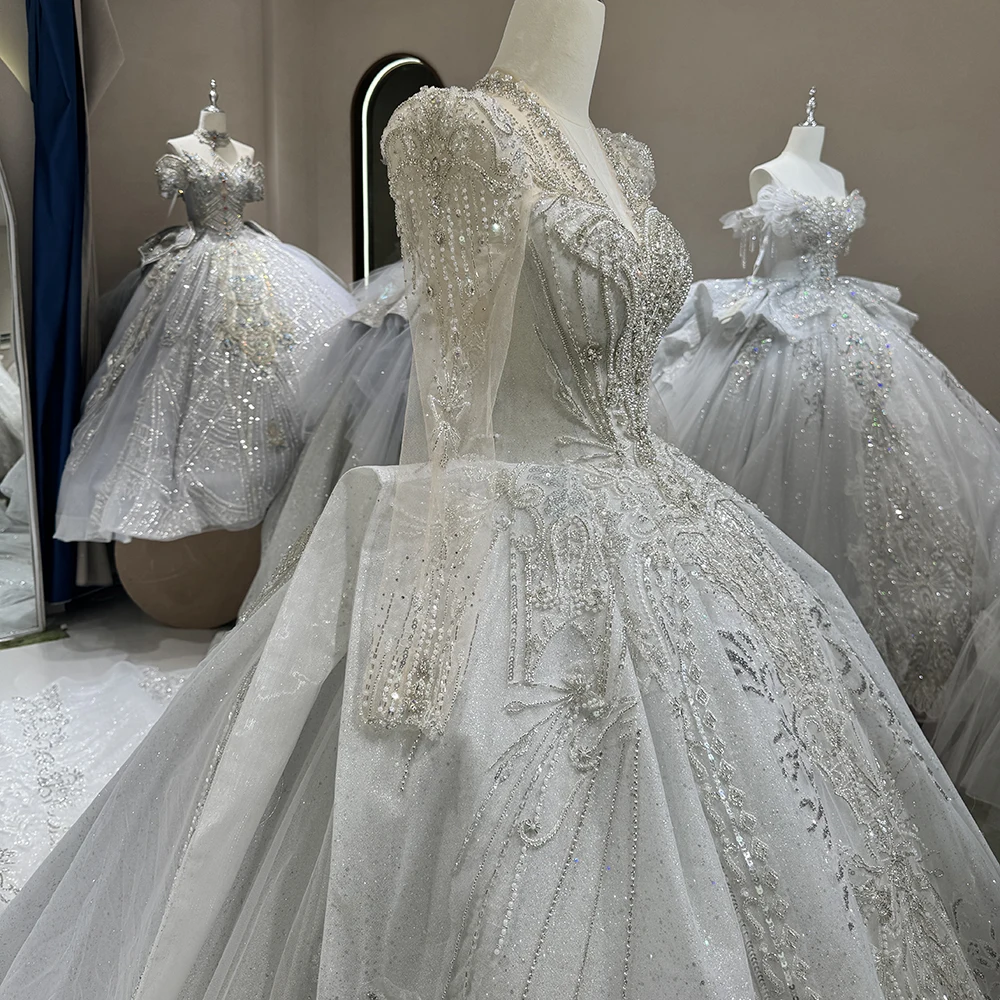 Customized Gorgeous Ball Gown Organza Wedding Dress Vintage Pearls Long Sleeves Women Bridal Gowns With Beaded Vestido de novia