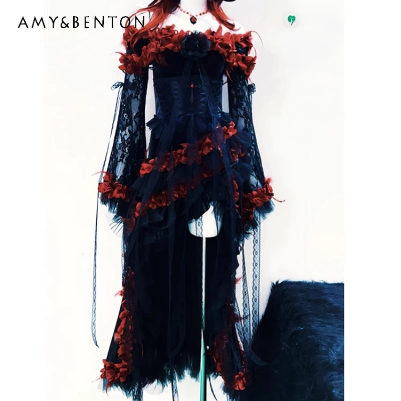 

Original Design Gothic Style Black Red Party Dress 2025 Autumn New 2D Sweet Cool Sexy Lace Slimming Waist Cincher Dresses Ladies