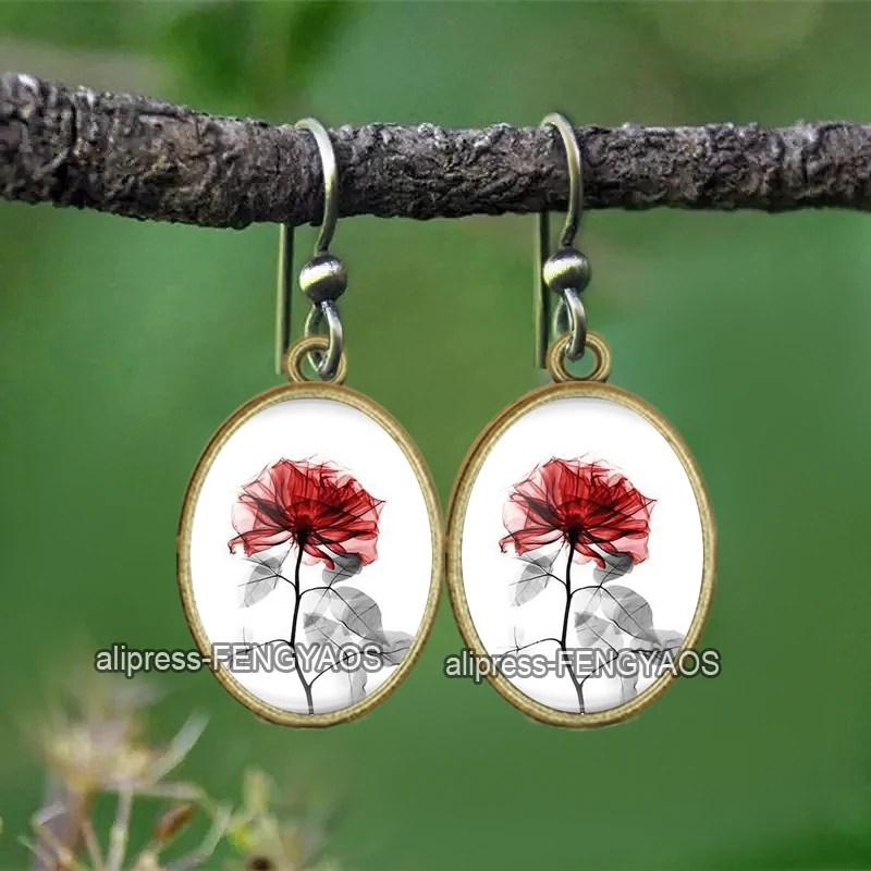 1 Pair New Retro Bronze Red Flower Drop Earrings for Women Ancien Ethnic Personalized Rose Dangle Earrings Jewelry