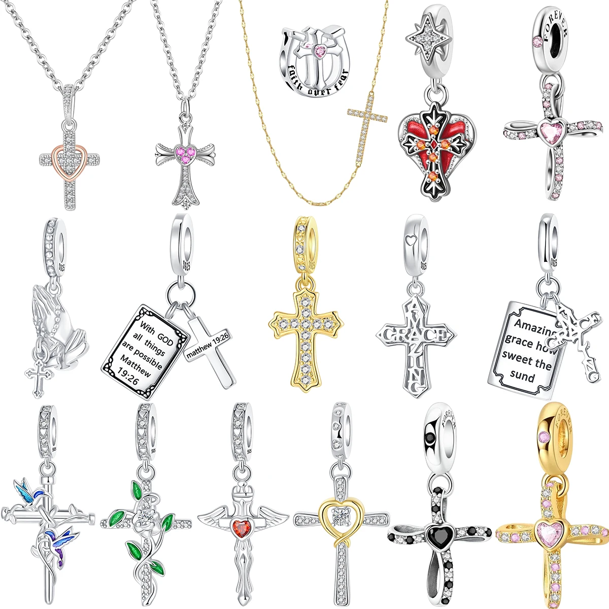 

Original 925 Sterling Silver Charms Cross Bible Heart Zircon Beads Pendant Bracelets Necklaces Womens DIY Jewelry Gift