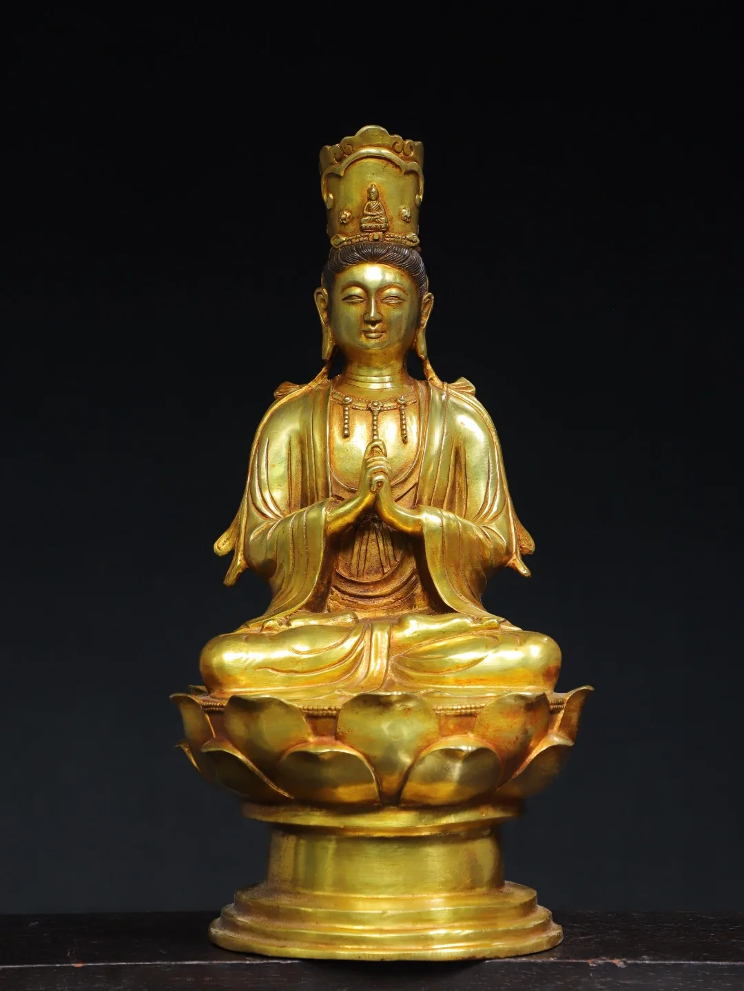 

17"Tibetan Temple Collection Old Bronze Gilded Cinnabar Amitabha Guanyin Bodhisattva Sitting Buddha Lotus Platform Worship Hall