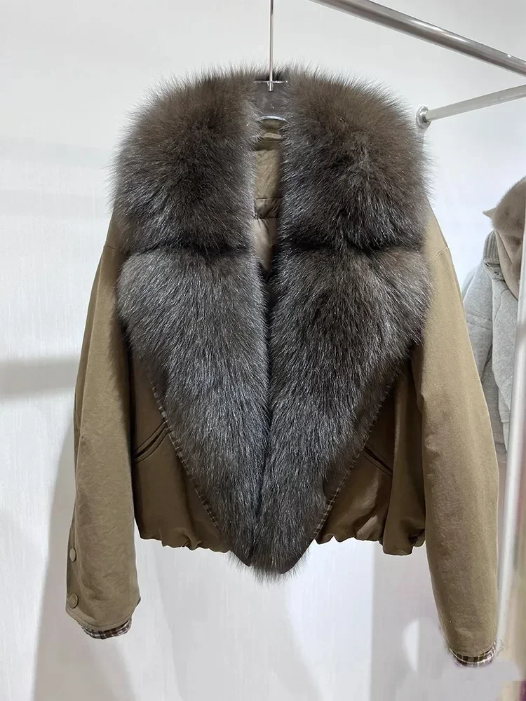 2025 frauen Neue Pelz Jacke Herbst Winter Weiße Gans Unten Mäntel Natürliche Echt Fox Pelz Kragen Outwear Vielseitig Denim Jacke weibliche