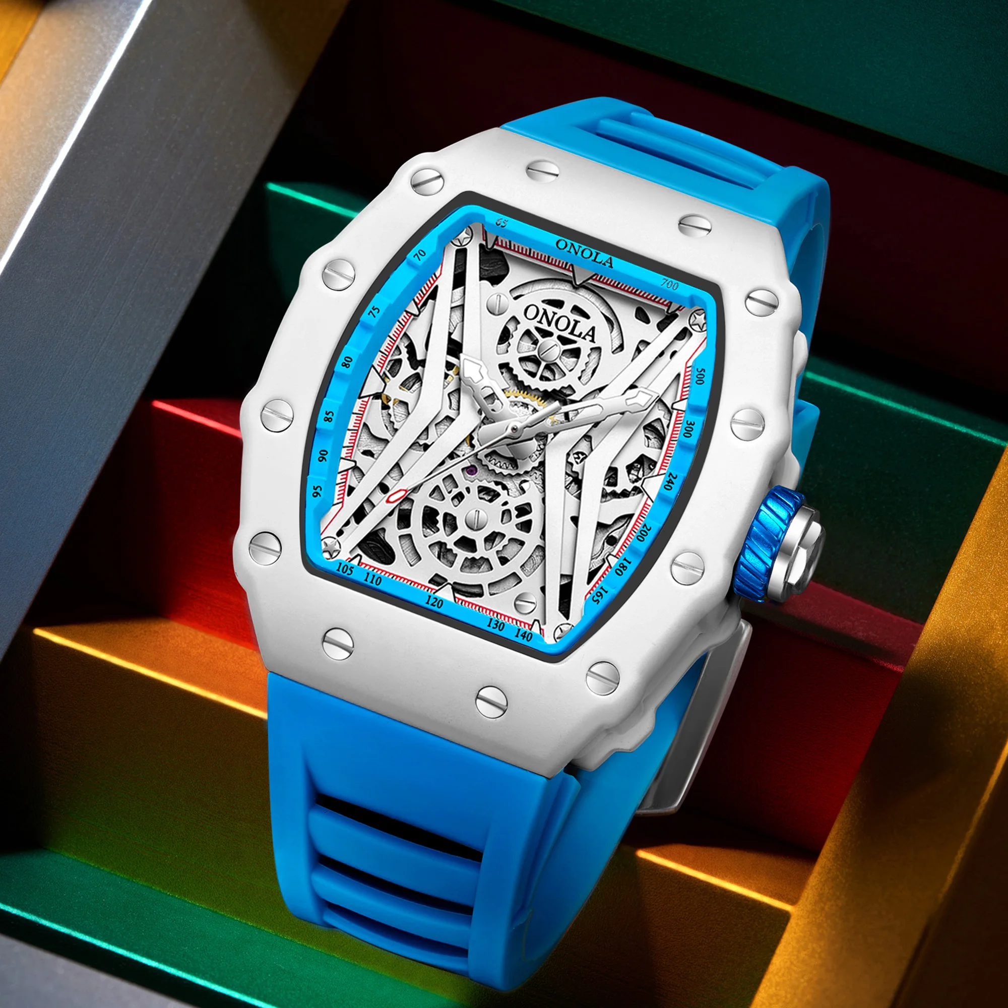 ONOLA 腕時計メンズレディースファッション腕時計自動正方形中空カジュアル防水透明メカニック腕時計