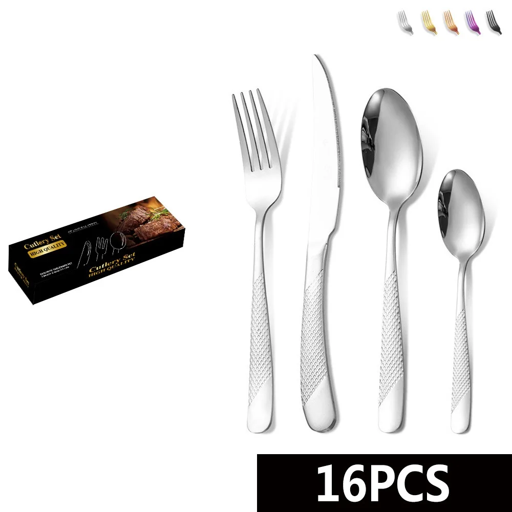 

16 PCS Star Diamond Pattern Stainless Steel 4 Combination 4 People Dinnerware Set Non-slip Handle Knife Fork Spoon Cutlery Set