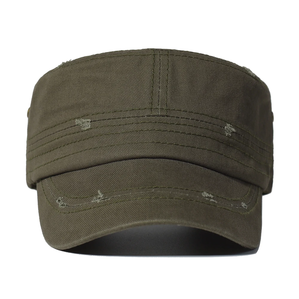 Four Seasons Solid Cotton Military Caps Men Distressed Hat Adjustable Unique Design Vintage Flat Top Cap