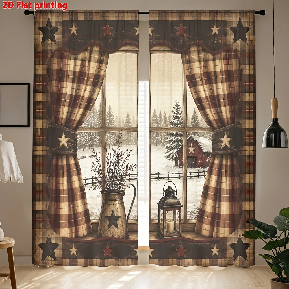 Rustic Farmhouse Plaid Snowy Barn Curtains, Rod Pocket, Polyester, Home Decor, Bedroom Living Room, Country Style Decor